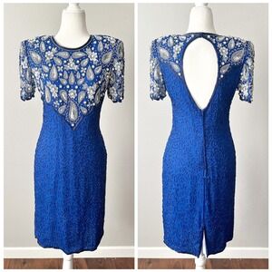 Vintage Laurence Kazar Silk Beaded‎ Royal Blue Open Back Dress Size Small